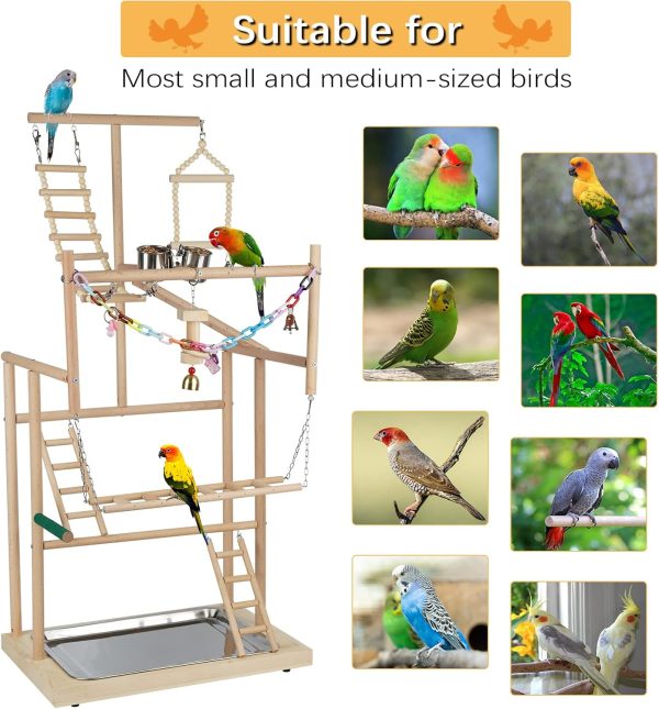 Pet Parrot Playstand Parrots Bird Playground Bird Play Stand Wood Perch Gym Playpen Ladder with Feeder Cups Bells for Cockatiel Parakeet (4 Layers) - Image 6