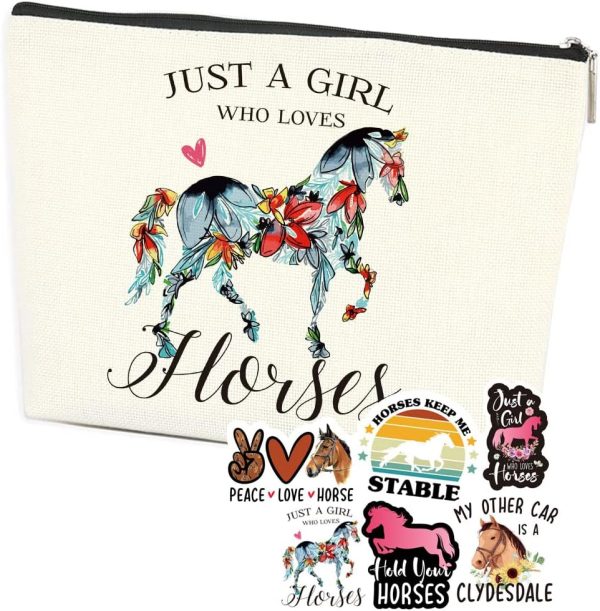 Azteoiz Horses Gifts Girls Horse Cosmetic Bag and 5 Piece Stickers Just a Horses-loving Girl Cowgirl Equestrian Travel Bag Cosmetic Bag Gifts Horse Cosmetic Bag Horseshoe Horse Gifts for Girls