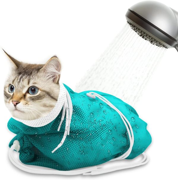 Cat Bathing Bag, Breathable Mesh Cat Shower Bag Anti Scratch Adjustable Cat Grooming Bag for Nail Trimming, Bathing Polyester Soft Cat Washing Bag (White-Green)