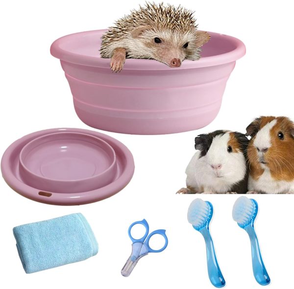 JSLZF Small Animal Grooming Kit - Foldable Bathtub, Nail Clippers, Bathing Brushes, Towel for Guinea Pigs & Hedgehogs