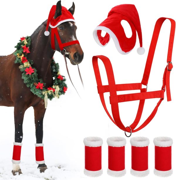 Paterr 6 Pcs Christmas Horse Accessory Includes 4 Pcs Horse Leg Wraps with Faux Fur Trim Holiday Santa Horse Hat Adjustable Nylon Horse Halters for Christmas Horse Costume Accessories