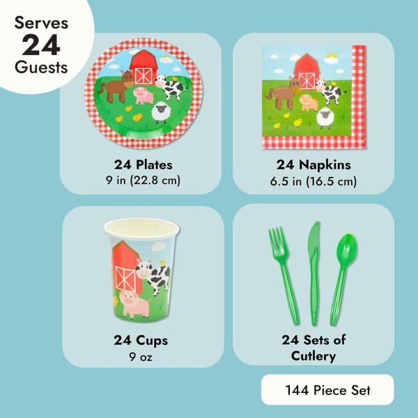 Juvale 144-Piece Barnyard Birthday Party Supplies Set, Farm Animal Party Decorations With Paper Plates, Dinner Napkins, 9 oz Cups, and Plastic Cutlery (Serves 24 Guests) - Image 4