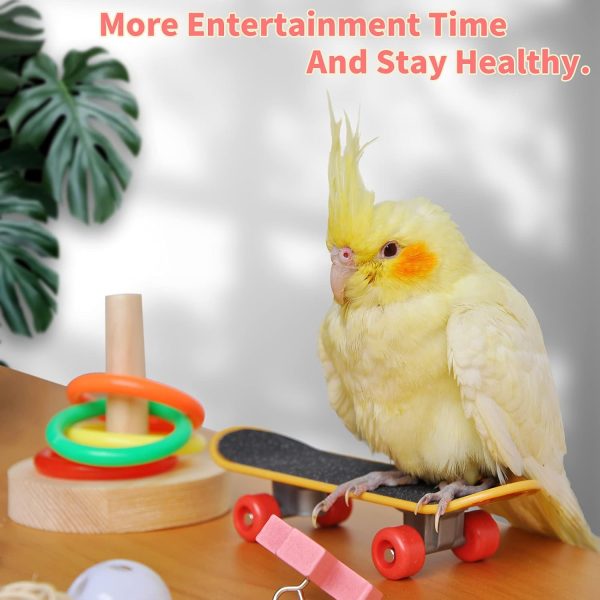 Bird Toys For Parakeets,5pcs Parrot Toys Set （Include Bird Basketball Toy、Bird Skateboard、Bird Stacking Toy、Parrot Wooden Block Puzzles Toy、Small Sepak Takraw）,Parakeet Toys、For Bird Training Toys12 - Image 4