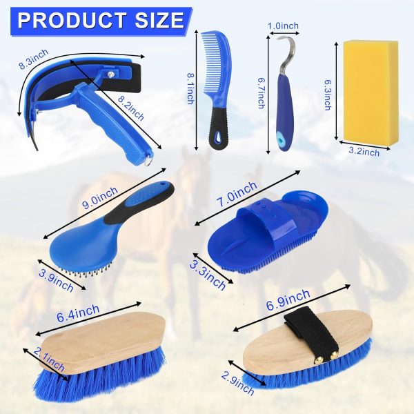 9 Pieces Grooming Kit with Tote Bag - Horse Brush Set, Sweat Scraper, Sponge, Hoof Pick, Curry Comb for Riders and Beginners (Blue) - Image 2