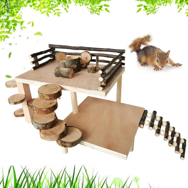 VolksRose Wooden Hamster Playground Platform, Hamster Climbing Toy, Natural Living Climb System, Small Animals Activity Set with Ladder Food Bowl Ramp Bridge for Mouse Gerbil Rat Chinchilla