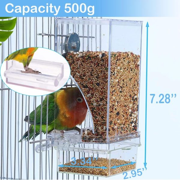 Bird Parrot Feeders, No Mess Automatic Cage Feeder Dispenser Food Container, Auto Bird Seed Bowl for Small Medium Birds, Cockatiel Canary Cockatoos Parakeet Conure Lovebird, Acrylic Clear (Feeder) - Image 5