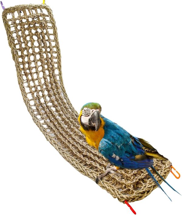 Bird Seagrass Mat 39.4×7" Natural Grass Woven Net Hammock Hanging on Parrot Cage with Hooks Parakeet Climbing Rope Ladder Chew Toys for Lovebird Cockatiel Conure Budgie Cockatoo Supplies