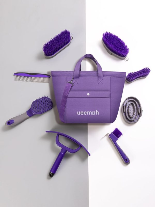 Horse Grooming Kit (12-Piece): Brushes, Storage Bag, Sweat Scraper, Mane Comb, Grooming Gloves - Purple Horse Gifts for Girls - Image 5