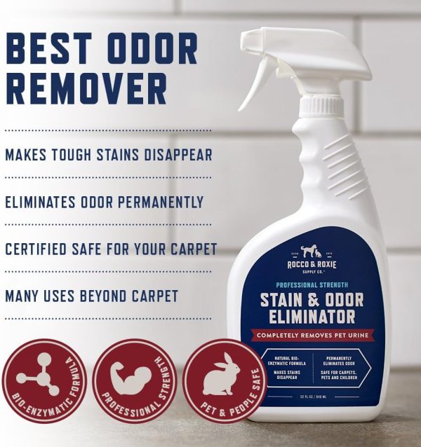 Rocco & Roxie Supply Co. Stain & Odor Eliminator for Strong Odor, 32oz Enzyme Pet Odor Eliminator for Home, Carpet Stain Remover for Cats & Dog Pee, Enzymatic Cat Urine Destroyer, Carpet Cleaner Spray - Image 4