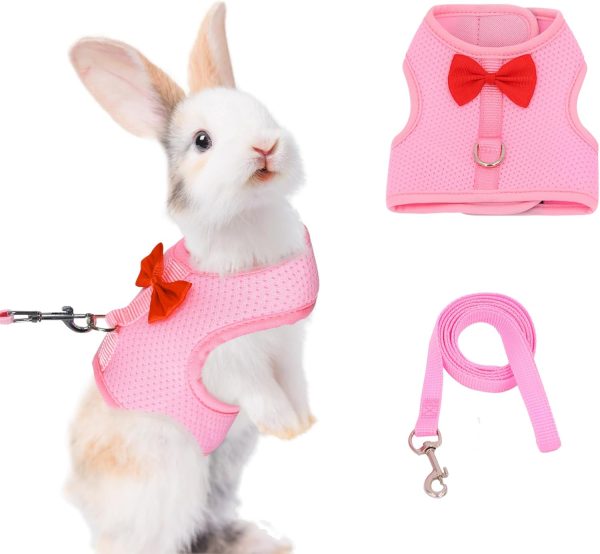 AIITLE Rabbit Harness and Leash Set with Cute Bow, Soft Breathable Mesh Vest Harness for Rabbits Kitten Ferret Puppy Small Pets Walking Supplies Pink S