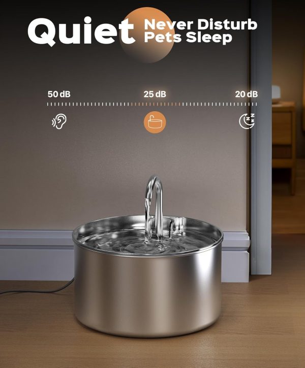 Stainless Steel Cat Water Fountain: Pet Fountains Indoor Metal Automatic Dispenser Cat Waterer Bowls Dog Faucet Bottle Pets 24/7 Running Watering for Drinking Quiet Pump with 1 Filter - Image 5