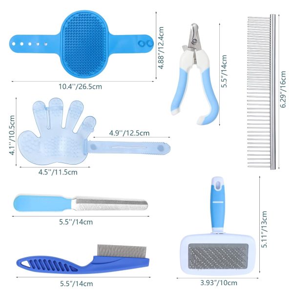 8 PCS Small Animal Grooming Kit - Brush, Slicker Brush, Massage Glove, Nail Clipper, Flea Comb, and Double-Sided Comb for Pets - Image 2