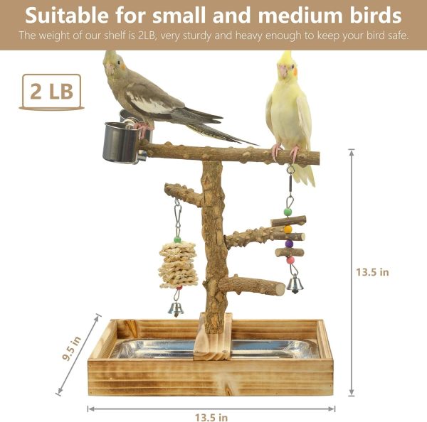 Natural Wood Bird Toys Playground, Bird Cage Accessories, Bird Perches, with Removable Tray and 2 Stainless Steel Cups - Image 3