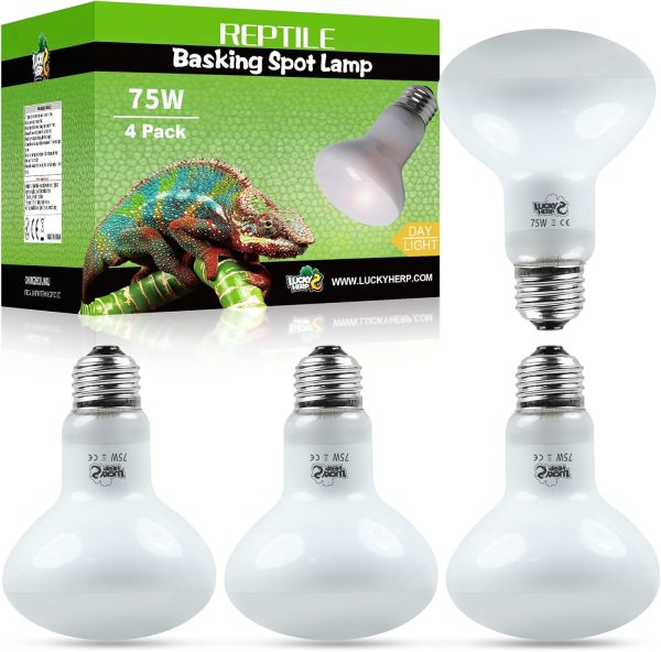 LUCKY HERP 4 Pack 75W Reptile Heat Lamp Bulb (2nd Gen), Amphibian Basking Light Bulb, Reptile Daylight Bulb for Turtle, Bearded Dragon, Lizard Heating Use