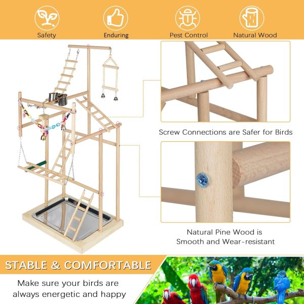 Pet Parrot Playstand Parrots Bird Playground Bird Play Stand Wood Perch Gym Playpen Ladder with Feeder Cups Bells for Cockatiel Parakeet (4 Layers) - Image 3