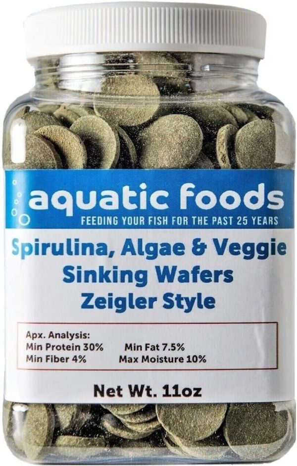 Aquatic Foods Inc. Spirulina Algae Wafers, 16mm - 5/8" Sinking Wafers of Spirulina, Algae, Veggies, Wafers for Bottom Fish, Shrimp, Snails, Crabs, Crayfish, All Tropical Fish...10oz Small Jar