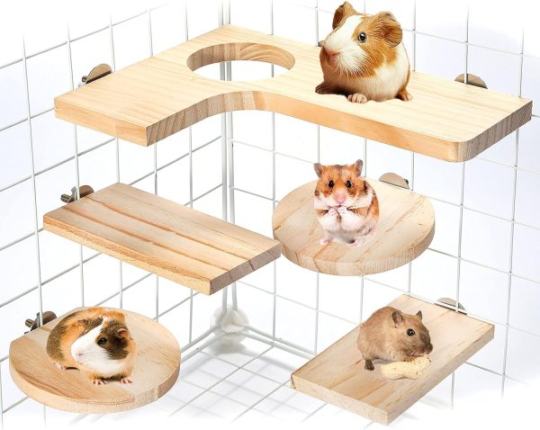 Hamster Cage Accessories Wooden Platform Chinchilla L-Shaped Round Hole Wooden Playing Platform, 5Pcs of Wooden Pedal Toys, Provide a Habitat for Small Animal & Birds, for Squirrel Gerbil