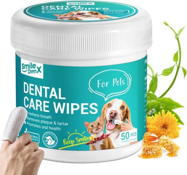 Dog Dental Care Wipes - Cat & Dog Teeth Cleaning Finger Wipes - Dog Tooth Brushing Kit Dental Wipes - Reduces Plaque & Freshens Breath (50 Pcs)