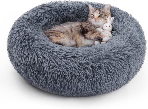 rabbitgoo Cat Beds for Indoor Cats, 20 inches Cat Bed Machine Washable, Fluffy Round Pet Bed Non-Slip, Calming Soft Plush Donut Cuddler Cushion Self Warming for Small Dogs Kittens, Dark Grey, Medium