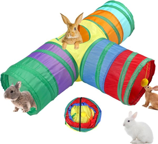 Rabbit Tunnel Collapsible 3 Way Bunny Tunnels and Tubes with Interactive Ball Bunny Hideout Small Animal Activity Tunnel Toys for Dwarf Rabbit Bunny Guinea Pig Kitty