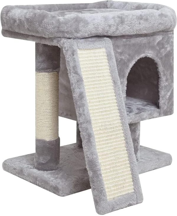 SYANDLVY Small Cat Tree for Indoor Cats, Cat Tower with Scratching Post, Modern Activity House for Large Cats, Condo with Board, Kittens Cave (Light Grey)