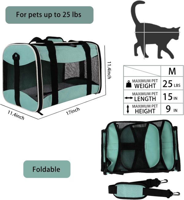 Cat Carrying Case Pet Dog Carrier Soft-Sided Cat Bag Airline Approved, Pet Travel Carrier Up to 15 Lbs, Collapsible Cat Carrier Dog Carrier for Medium Cats Small Cats Dogs(17x11x11 Green) - Image 4