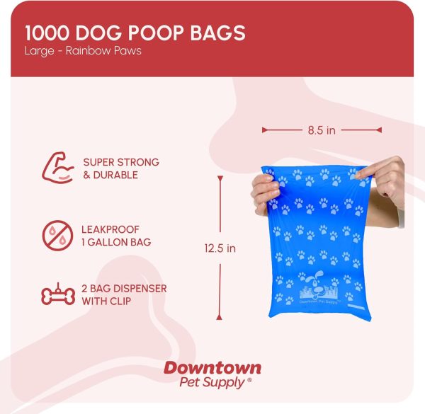 Downtown Pet Supply Poop Bags for Dogs with Dispenser, 1000 Count - Leak-Proof Dog Waste Bags and Bone-Shaped Dog Poop Bags Holder for Leash - Rainbow with Paw Prints, 12.5" x 8.5" - Image 2