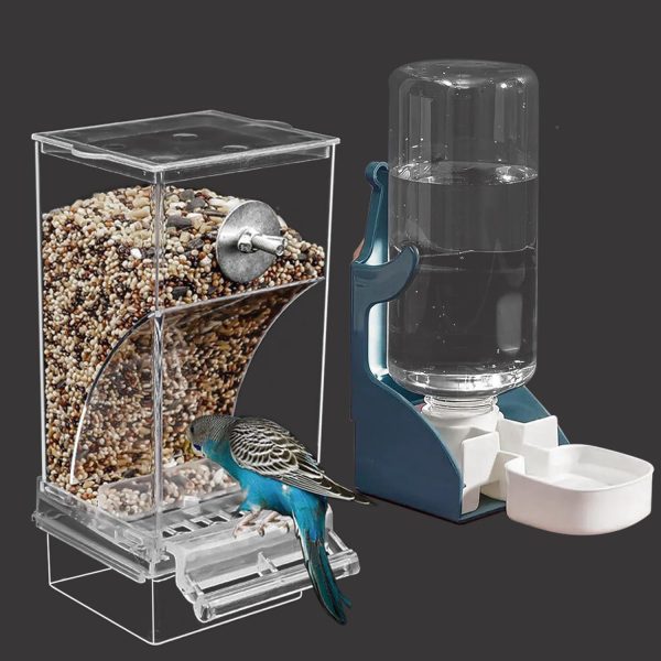 No Mess Bird Feeder Water Dispenser Set, Automatic Parrot Feeder for Cage Transparent Acrylic Food Container Drinker Cage Accessories Parakeet Cockatiel Lovebird Finch