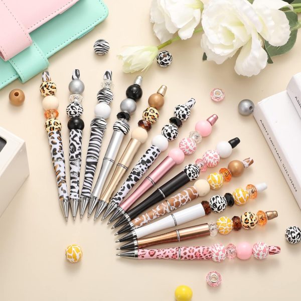 12 Set Plastic Beadable Pens Assorted Bead Pens Wood Beads Crystal Spacer Beads Set Round Beads Black Ink Ballpoint Pen DIY Bead Pen Set for Women Kids Gifts School Office Supplies (Animal Print) - Image 2