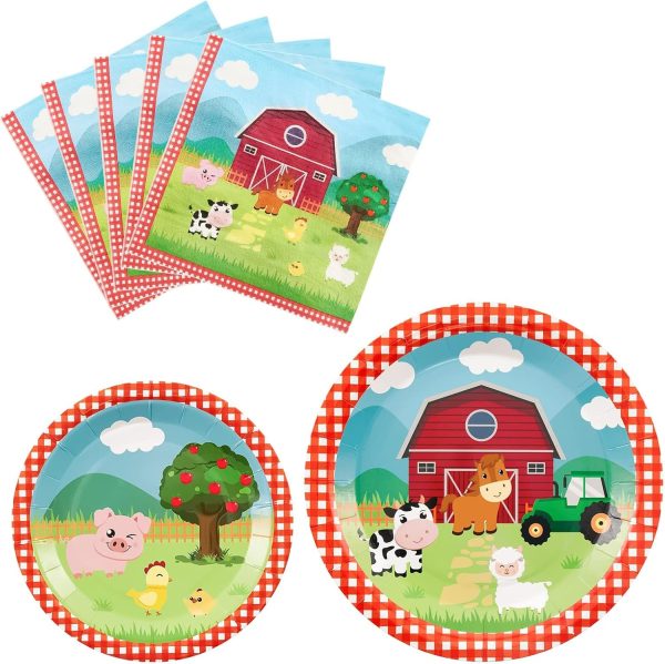 WERNNSAI Farm Party Plates Napkins Set- 48PCS Barnyard Farm Animals Tableware Party Supplies for Kids Birthday Disposable Dinnerware Dessert Plates Luncheon Napkins Serves 16 Guests