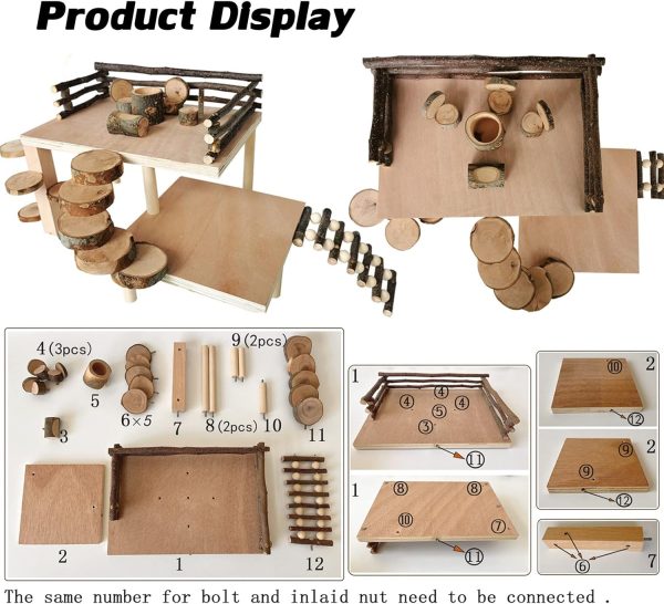 VolksRose Wooden Hamster Playground Platform, Hamster Climbing Toy, Natural Living Climb System, Small Animals Activity Set with Ladder Food Bowl Ramp Bridge for Mouse Gerbil Rat Chinchilla - Image 4