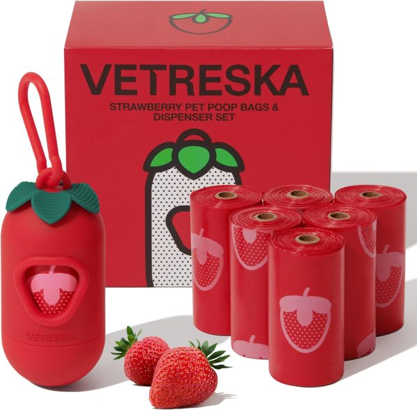 VETRESKA Dog Poop Bag Dispenser with Strawberry Scented Bags, Leak Proof, Extra Thick and Large Pet Waste Bags,1 Count Bag Holder and 105 Bags (7 Refill Rolls) for Walking Dog and Cats Litter, Red