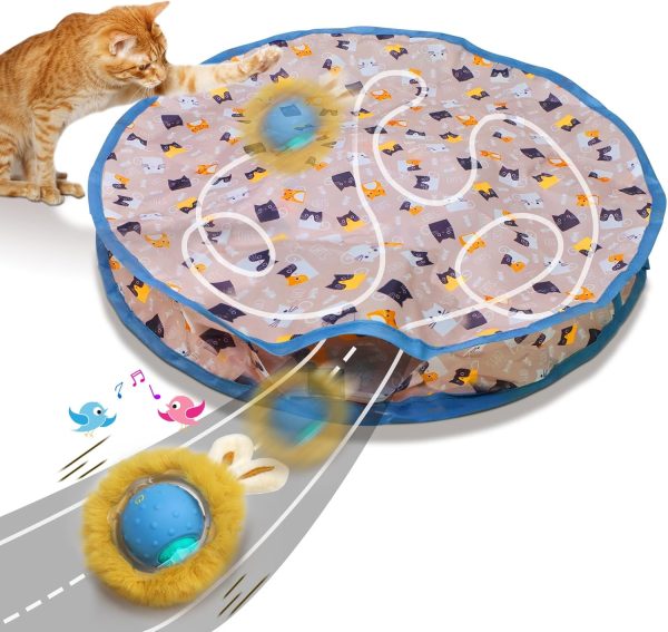 Interactive Cat Toys Ball Fast Rolling in Pouch, Motion Activate Chirping Cat Toy Hide and Seek Mouse Catching Game (Blue)