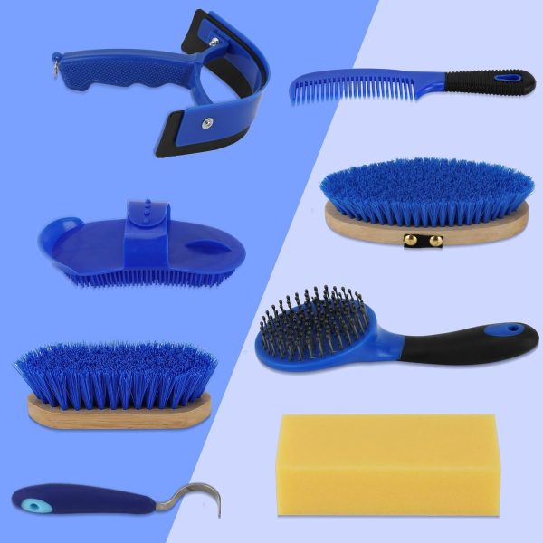 9 Pieces Grooming Kit with Tote Bag - Horse Brush Set, Sweat Scraper, Sponge, Hoof Pick, Curry Comb for Riders and Beginners (Blue) - Image 7