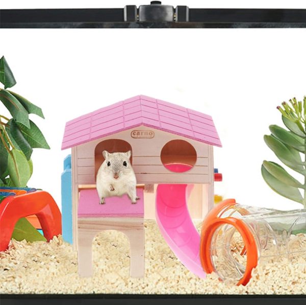 kathson Pet Small Animal Hideout Hamster House with Funny Climbing Ladder Slide Wooden Hut Play Toys Chews for Small Animals Like Dwarf Hamster and Mouse(Pink) - Image 5