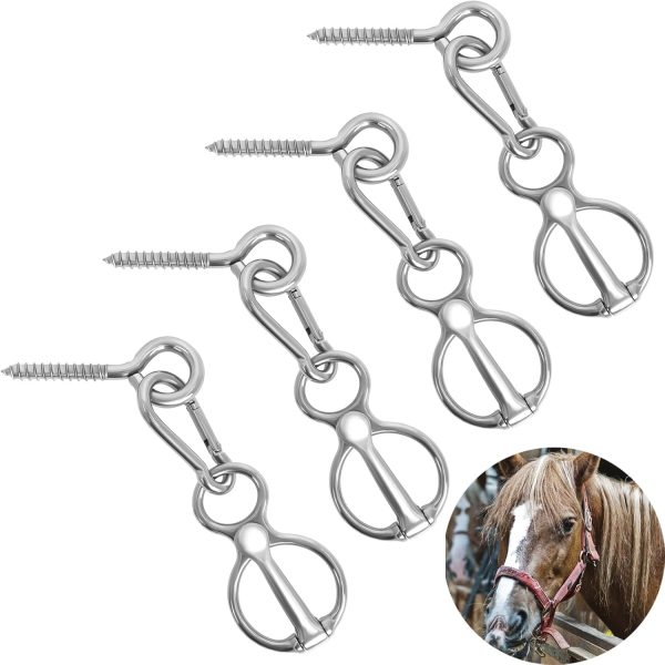 Horse Tie Ring, 4 Sets Horse Tack and Supplies, Stainless Steel Safe Horse Accessories Training Equipment with Eye Bolt and Snaps Saddle