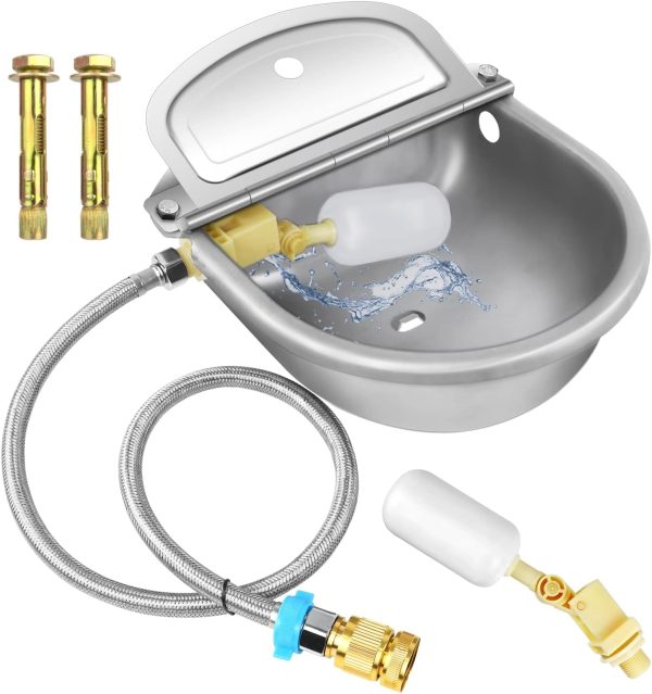 Automatic Animal Drinking Water Bowl with Float Valve, 304 Stainless Steel Kit Includes Bowl, Pipe, 2 Valves, Quick Connector Adapter and Countersunk Bolts. (Auto-Filling)