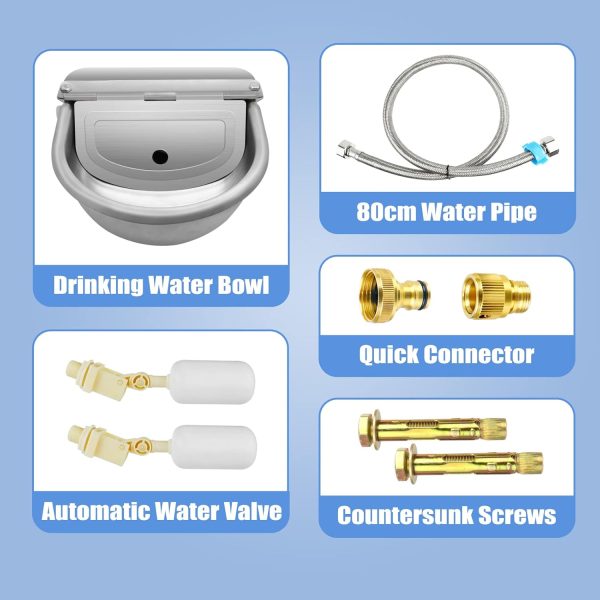 Automatic Animal Drinking Water Bowl with Float Valve, 304 Stainless Steel Kit Includes Bowl, Pipe, 2 Valves, Quick Connector Adapter and Countersunk Bolts. (Auto-Filling) - Image 2