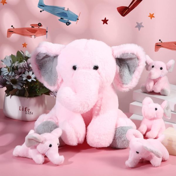 5 Pcs Plush Elephant Stuffed Animals with Babies, Mommy Elephant with 4 Plush Baby Soft Plush Elephants Animals Playset for Party Supplies, Favors, Decorations, Stocking Stuffers (Gray Pink) - Image 7