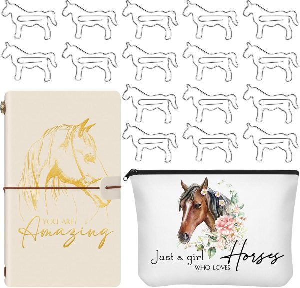 Fumete 24 Pcs Horse Lover Gift Sets Christmas Book Lover Gifts Includes Journal Notebook Makeup Bags and Horse Paper Clips Team Gifts Office Supplies Gift for Book Lovers Women Teacher Nurse(Horse)