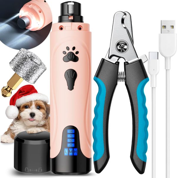 YABIFE Dog Nail Grinder, Dog Nail Trimmers and Clippers Kit, Super Quiet, Rechargeable, for Small Large Dogs Cats Toenail Claw Grooming,3 Speeds, 1 Extra Grinding Wheel