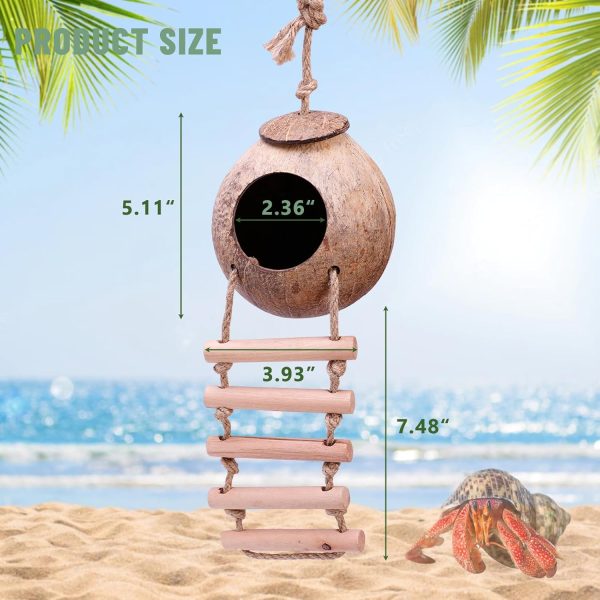 Hermit Crab Coconut Husk Hut with Branch Ladder,Coconut House Hermit Crab Shells Reptile Habitat,Coconut Nest Hangable Suitable for Animal Hiding Sleep (Coconut Shell) - Image 2