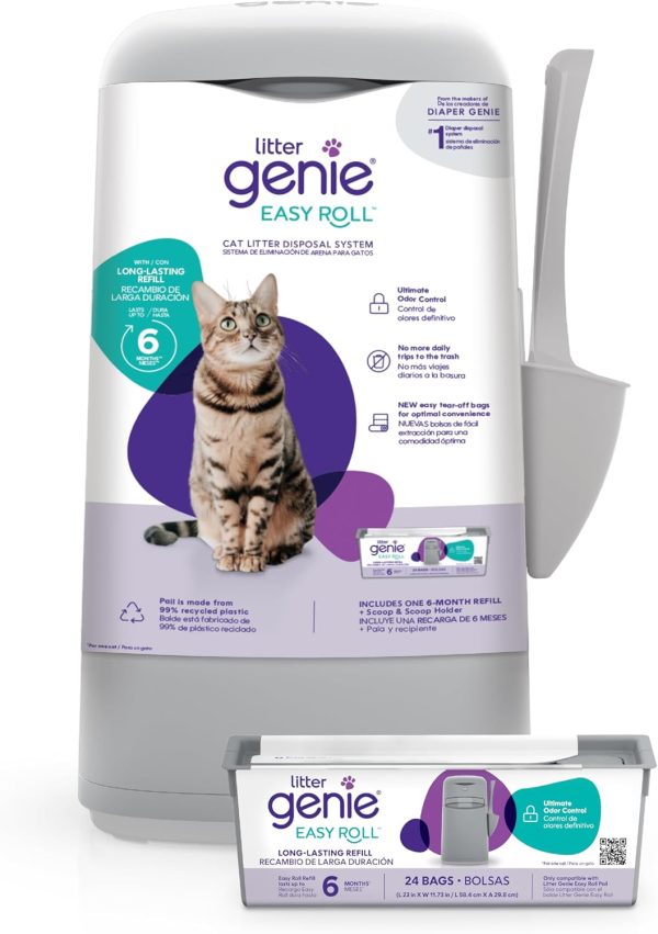 Litter Genie Easy Roll Pail | Cat Litter Box Waste Disposal System for Odor Control | Includes 1 Continuous Refill Bag