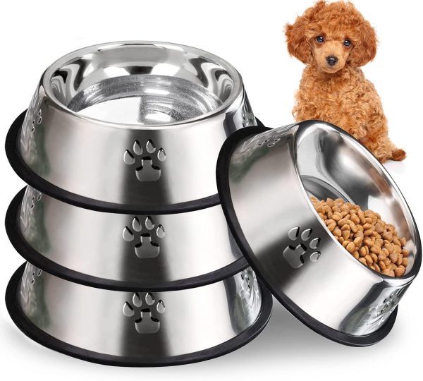 Hamiledyi Stainless Steel Dog Cat Bowl with Rubber Base 4 Pack Pet Feeder and Water Bowls Stackable Non-Slip Puppy Dishes for Small Medium Animals Kitten Rabbit