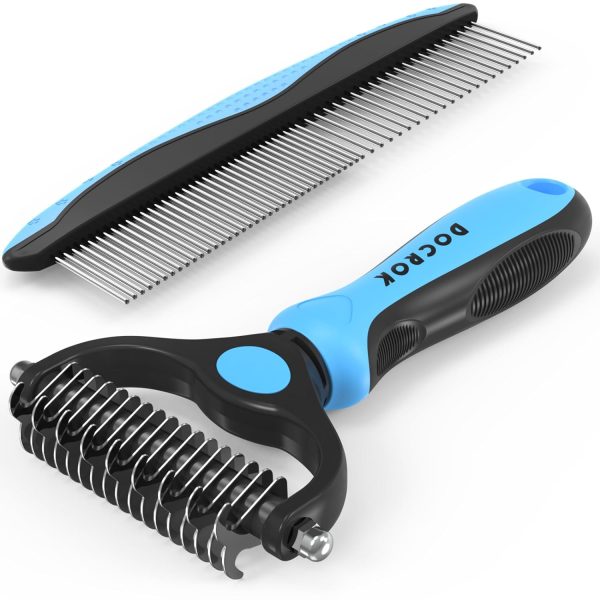 Pet Grooming Combo - Blue Deshedding Brush with Metal Comb for Detangling and Dematting Long, Matted Fur on Cats and Dogs