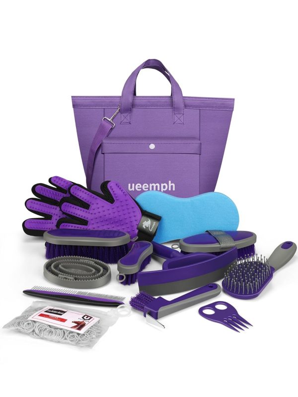 Horse Grooming Kit (12-Piece): Brushes, Storage Bag, Sweat Scraper, Mane Comb, Grooming Gloves - Purple Horse Gifts for Girls