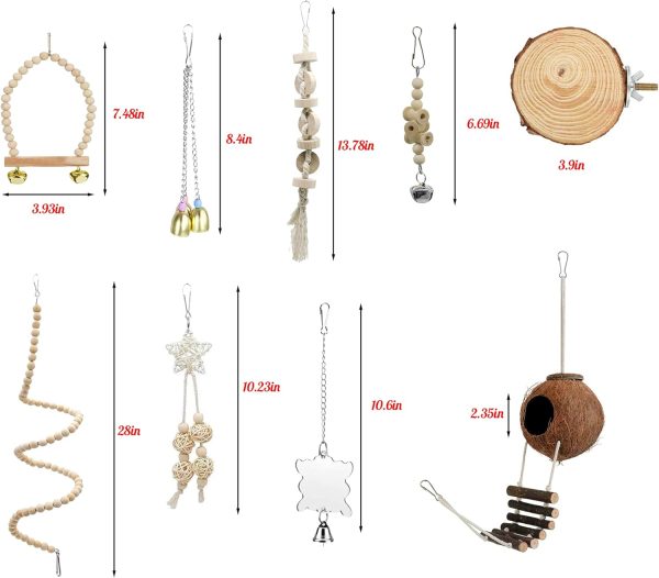 9 Pieces Parrots Chewing Natural Wood and Rope Bungee Bird Toy for Anchovies, Coconut Hideaway with Ladder,Bird Perch Stand, Bird Cage Accessories, Parakeets, Cockatiel, Conure, Mynah, Macow - Image 6