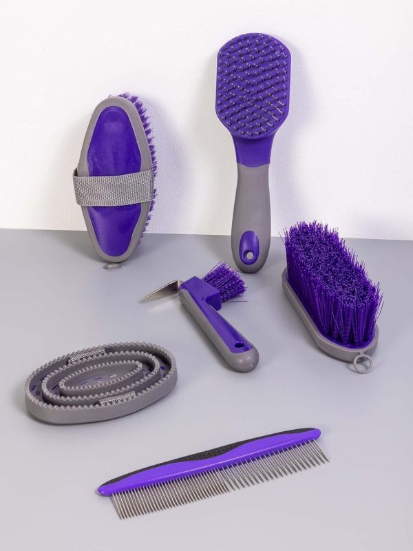 Horse Grooming Kit (12-Piece): Brushes, Storage Bag, Sweat Scraper, Mane Comb, Grooming Gloves - Purple Horse Gifts for Girls - Image 3