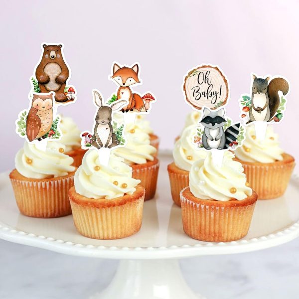 Ercadio 32 Pcs Double-sided Woodland Party Cupcake toppers Picks Woodland Decor Woodland Animals Cake Woodland Theme Baby Boy Girl Birthday Favors Woodland Party Supplies - Image 5