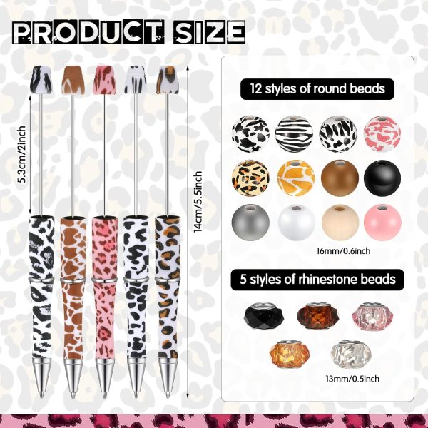 12 Set Plastic Beadable Pens Assorted Bead Pens Wood Beads Crystal Spacer Beads Set Round Beads Black Ink Ballpoint Pen DIY Bead Pen Set for Women Kids Gifts School Office Supplies (Animal Print) - Image 3